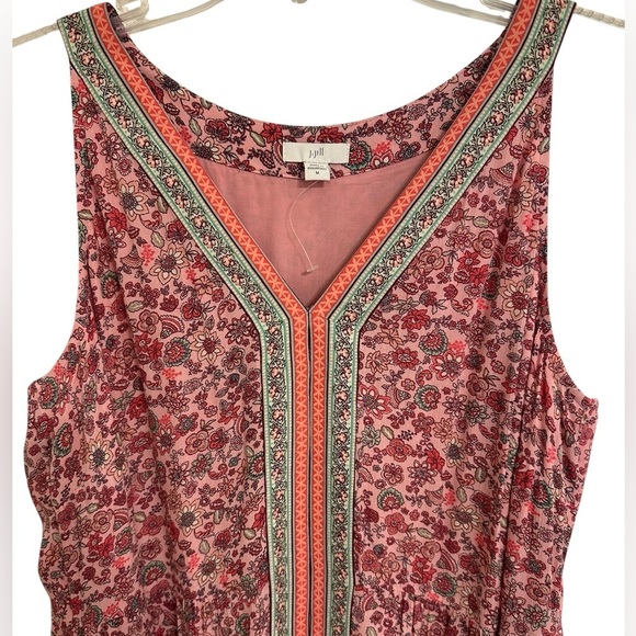 J.Jill Pink Green Floral V-neck Flounced Hem Sleeveless Maxi Dress - Picture 7 of 14